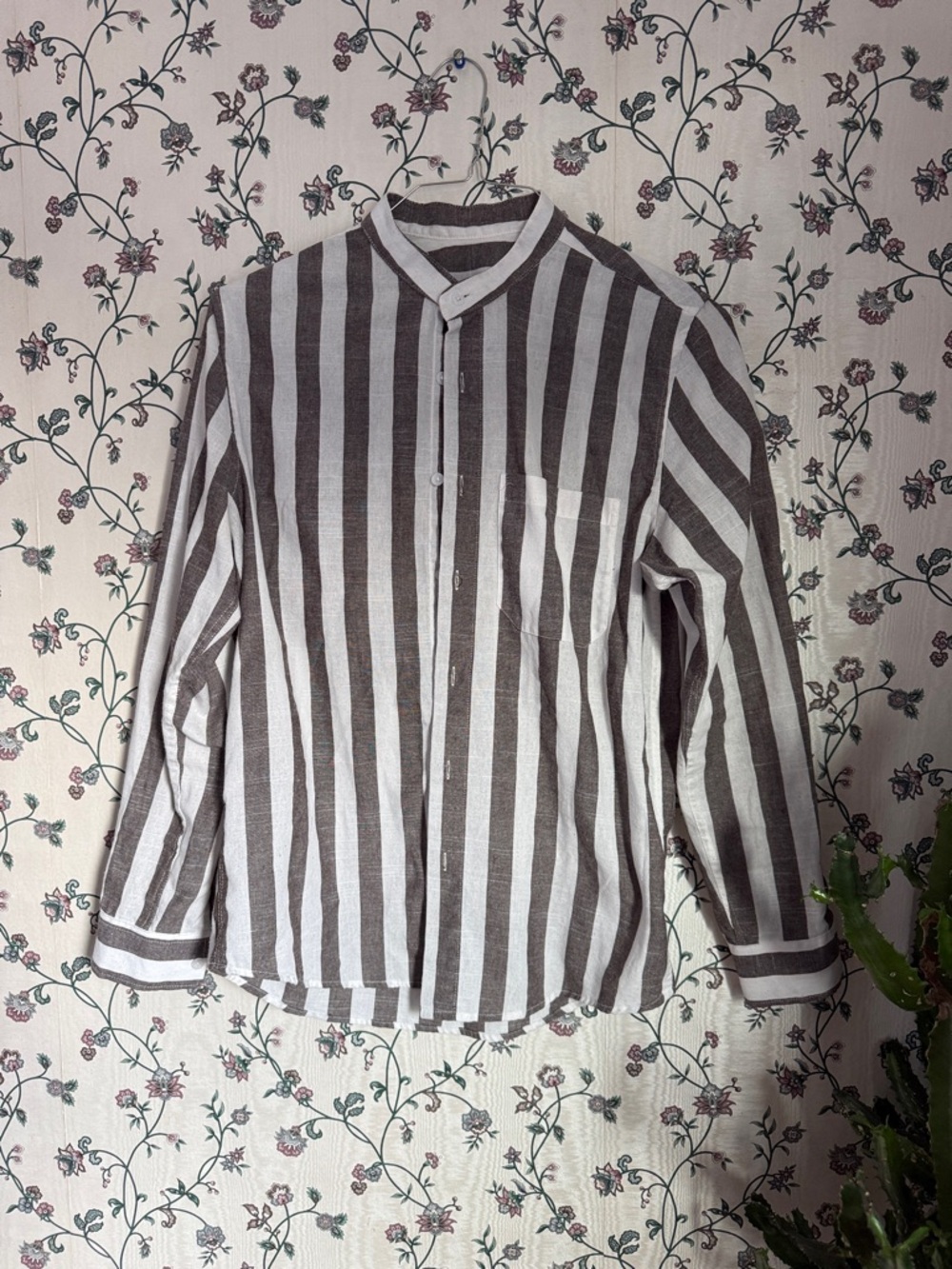 Women's Striped Button-Down Shirt — Brown & White (looks like linen)